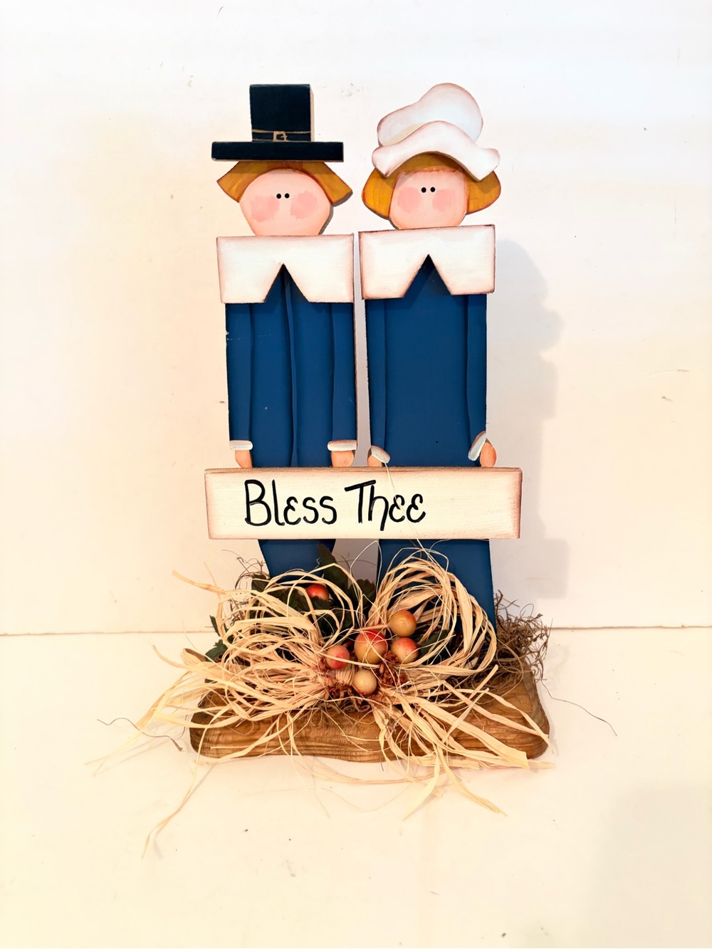 Wooden Primitive Pilgrim Couple Bless Thee Thanksgiving Fall Folk Art Decor